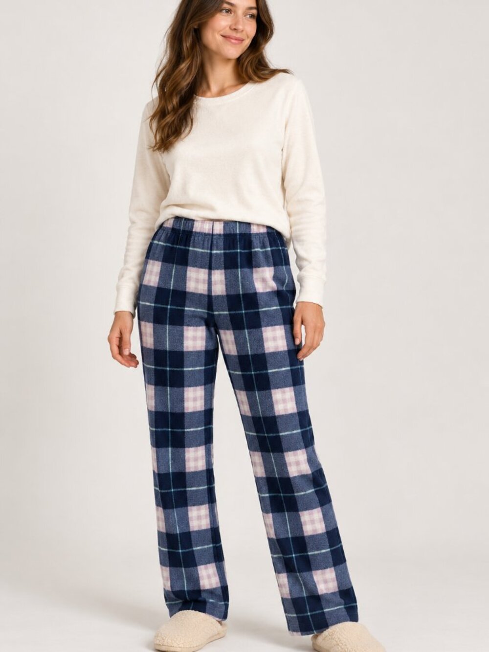 Eddie Bauer Blue Plaid Striped Fleece Pajama Pants Women L Drawstring Lounge
